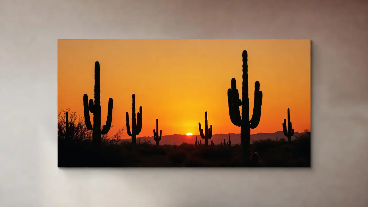 Desert wall art trends featuring golden hour lighting on cacti, perfect for adding warmth to minimalist desert landscape art collections