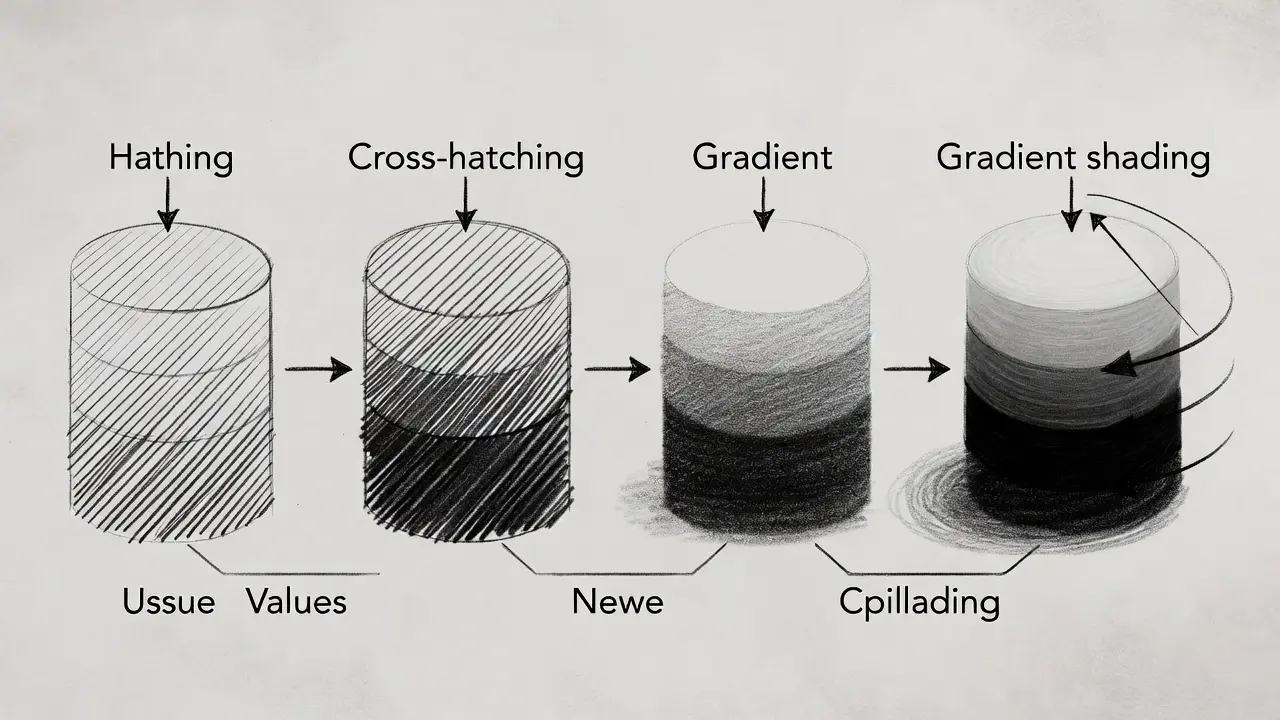 Examples of various shading techniques including hatching, cross-hatching, and gradient shading showing light source direction and value changes
