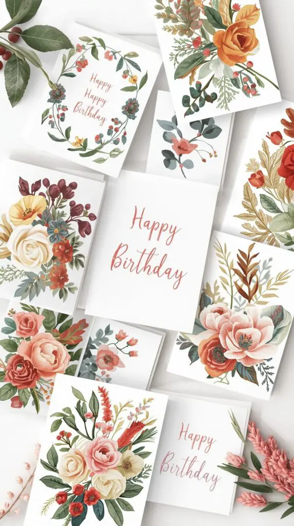 Flat lay of printable birthday cards instant download, showing folded 5x7 designs in floral and seasonal styles