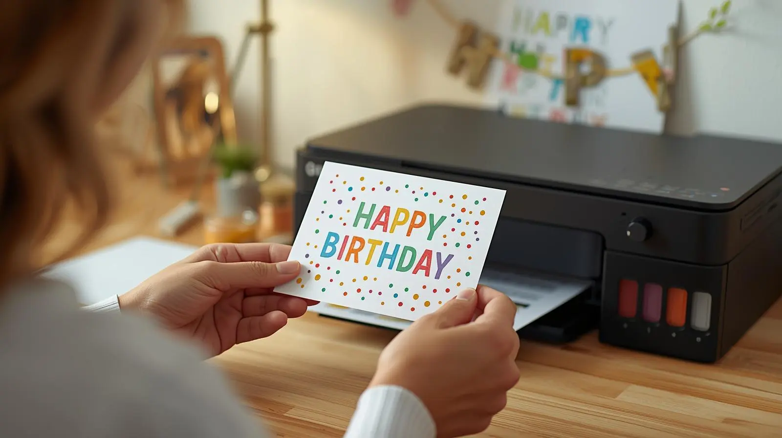 Last-minute printable birthday card being printed at home, showing instant download convenience for same-day gifting