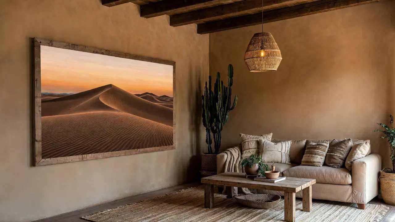 Modern boho desert decor living room with southwestern wall art printable featuring dunes and warm minimalist tones