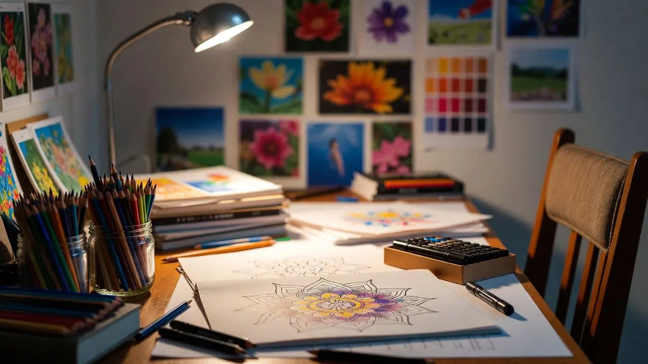 Organized coloring workspace showing proper lighting, ergonomic seating, color-organized supplies, and reference materials for comfortable coloring sessions