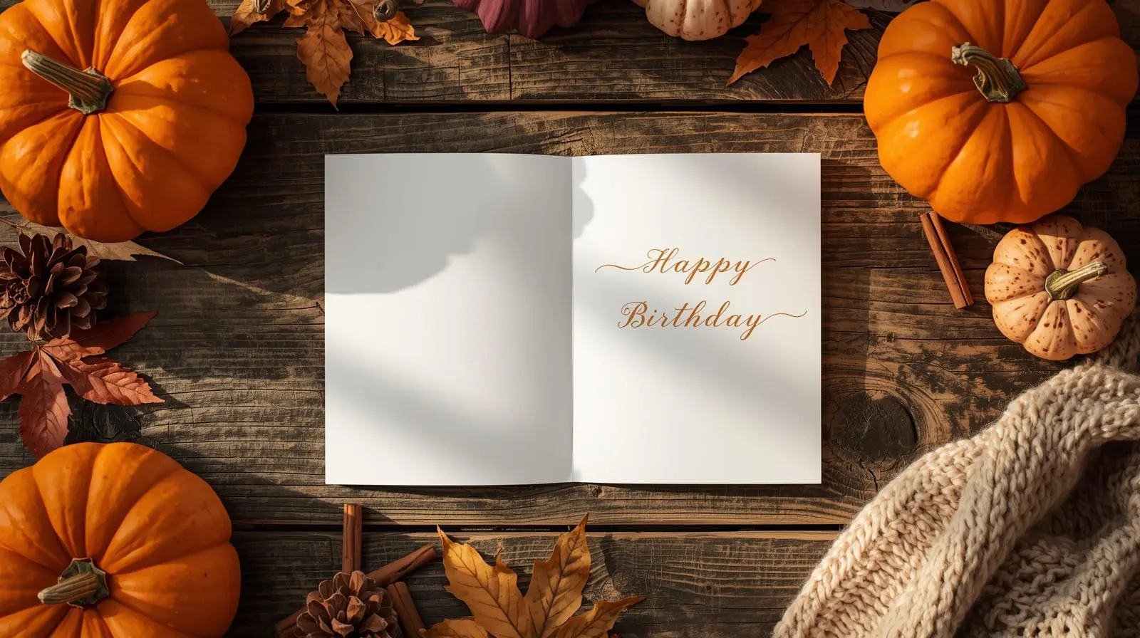 Printable autumn birthday card, displayed open on a rustic wooden surface, warm cozy atmosphere, surrounded by fall seasonal props like pumpkins, dried leaves, pinecones, cinnamon sticks, and a soft knitted blanket, golden hour lighting, rich autumn color palette (burnt orange, deep red, mustard yellow, warm brown), high-resolution, realistic texture, soft shadows, top-down composition, styled product photography, minimal elegant typography inside the card, inviting and festive mood, depth of field, Etsy-style mockup