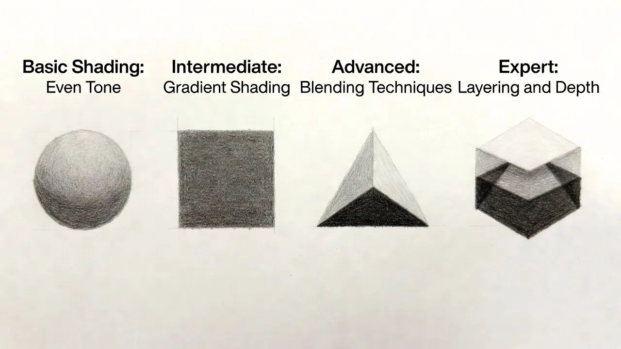 Progressive practice exercises for beginners showing simple shapes for practicing shading techniques, blending, and layering from basic to advanced