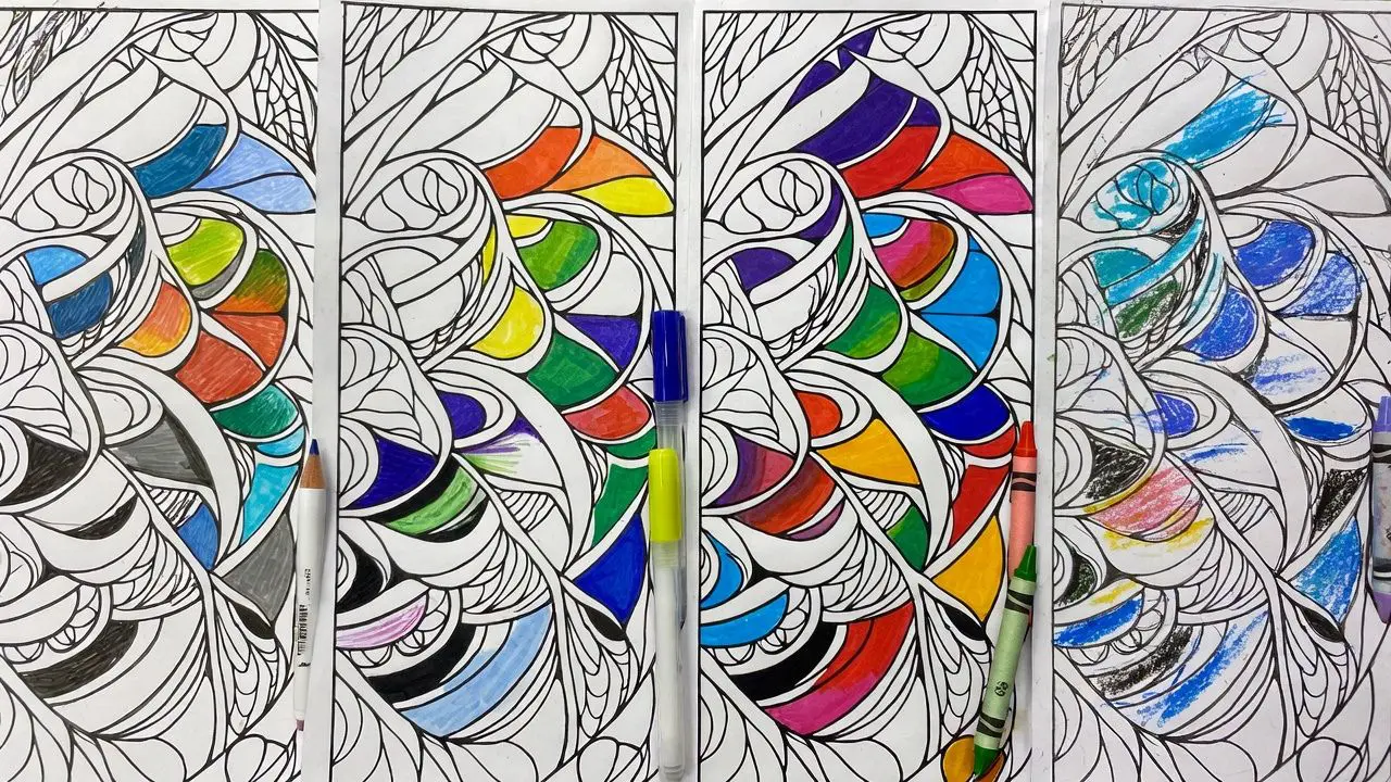 Side by side comparison of coloring book techniques applied with different mediums including colored pencils markers gel pens and crayons on identical designs 1