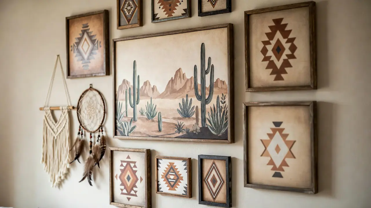Southwestern home décor trends 2026 gallery wall displaying desert wall art trends in coordinated frames with boho styling