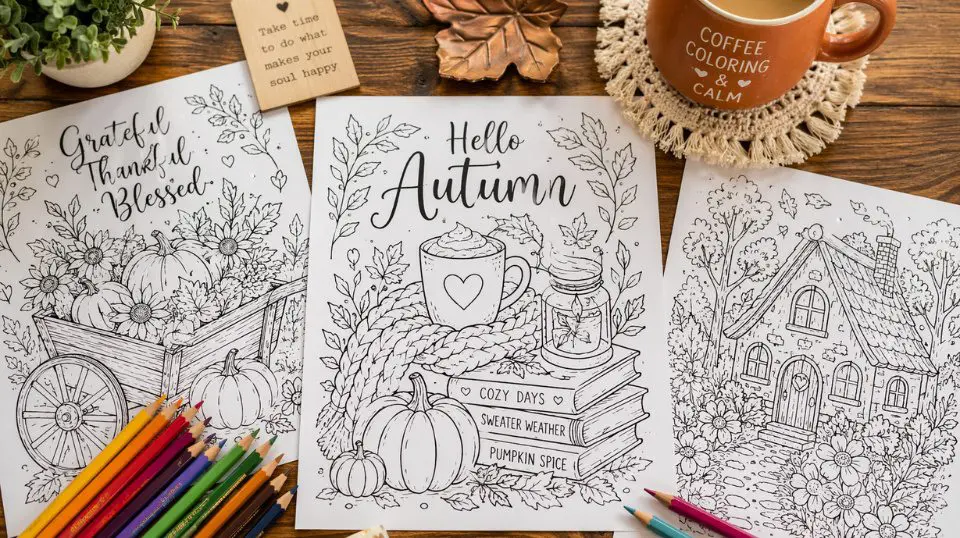monthly coloring pages subscription flat lay with colored pencils