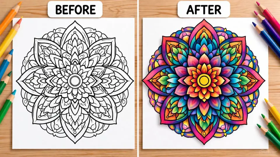 coloring tutorial result showing mandala coloring page completed using free creative resources and palette planning