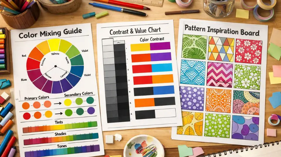 A collection of creative coloring tools including a color mixing guide, contrast chart, and pattern inspiration board laid out on a desk