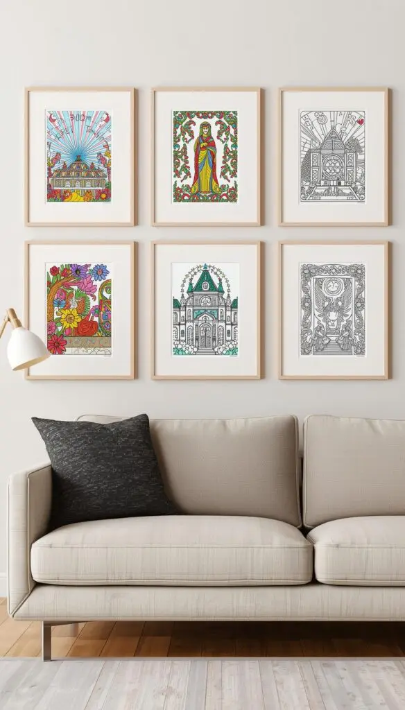 DIY home decor ideas using framed coloring pages as gallery wall art