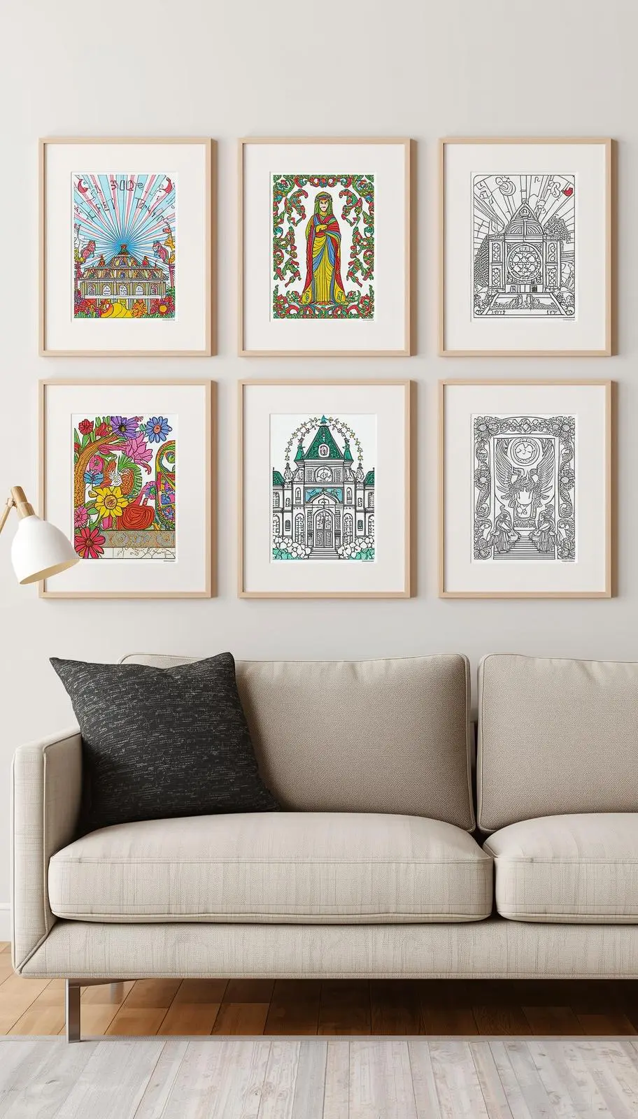 DIY home decor ideas using framed coloring pages as gallery wall art