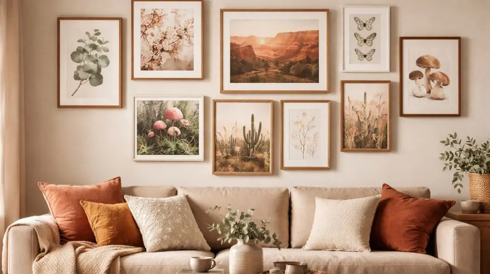 Desert and botanical gallery wall printable digital art arranged in natural wood and white frames above a boho linen sofa