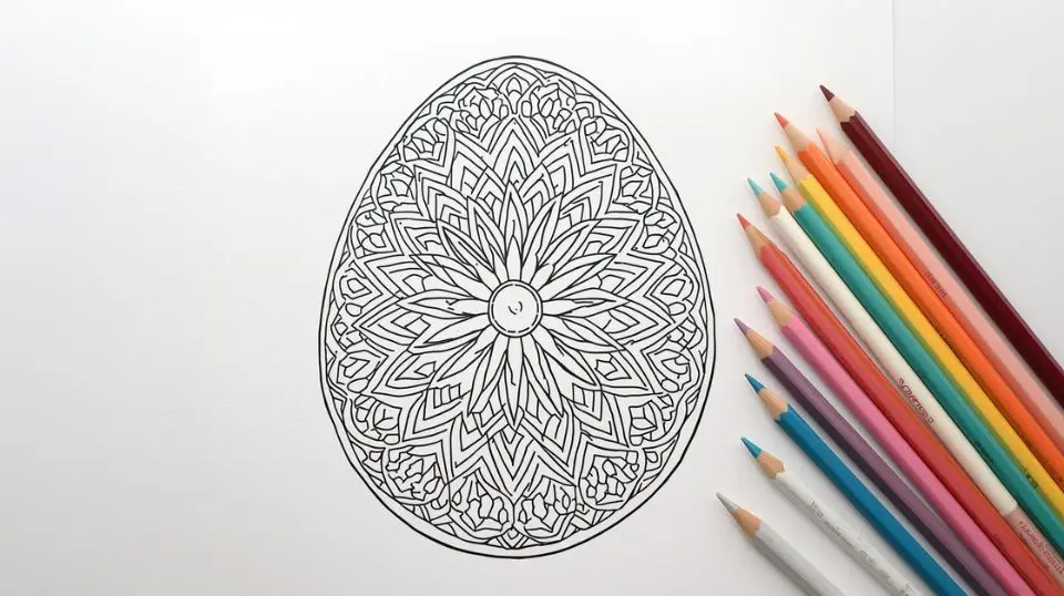 Easter coloring for adults featuring an intricate mandala-style egg design with fine-tip colored pencils.