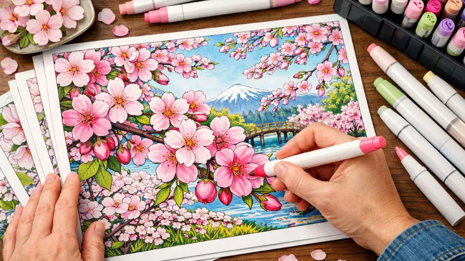 spring flower pictures to color for adults featuring detailed cherry blossom design