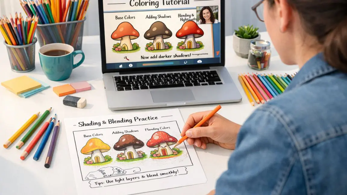 Adult sitting at a bright desk working through interactive coloring tutorials, surrounded by colored pencils and a printed worksheet