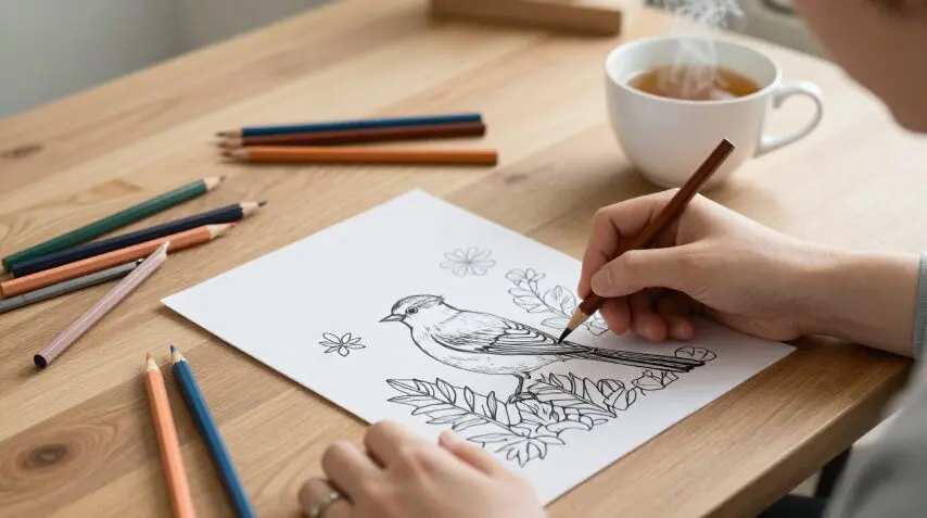Adult using bird coloring pages for stress relief at a wooden desk with colored pencils and tea.