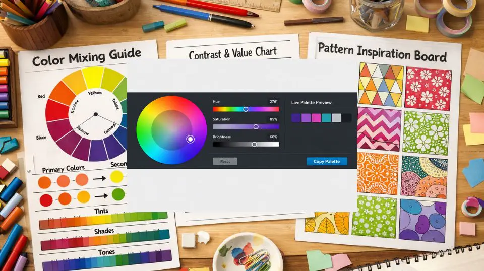 An interactive color wheel tool showing hue, saturation, and brightness controls alongside a live palette preview