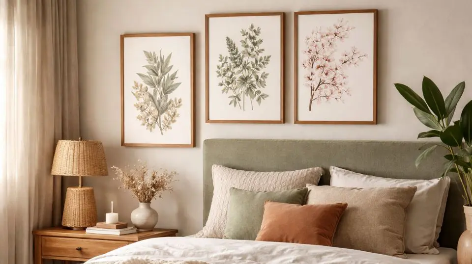 Bedroom corner styled with sage green botanical wall art and cherry blossom prints in warm wood frames, boho home decor