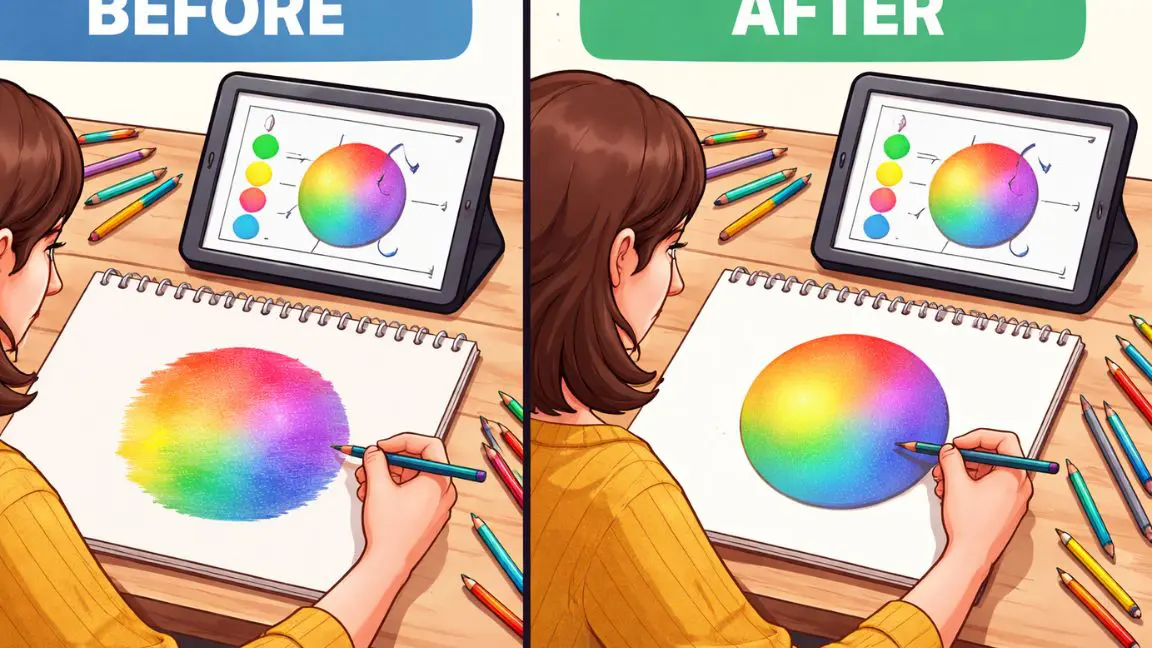 Before and after example of an adult learner applying color blending techniques from the interactive tutorial