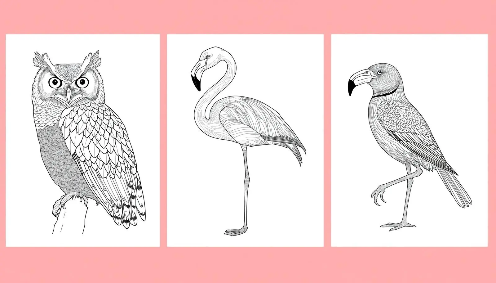 Bird coloring pages for adults showing owl, flamingo, and songbird illustration sheets side by side