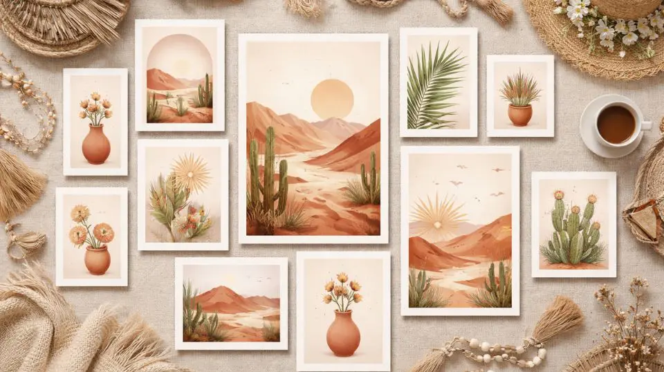 Boho gallery wall flat lay showing desert landscape and botanical wall art digital prints arranged in varied sizes before hanging