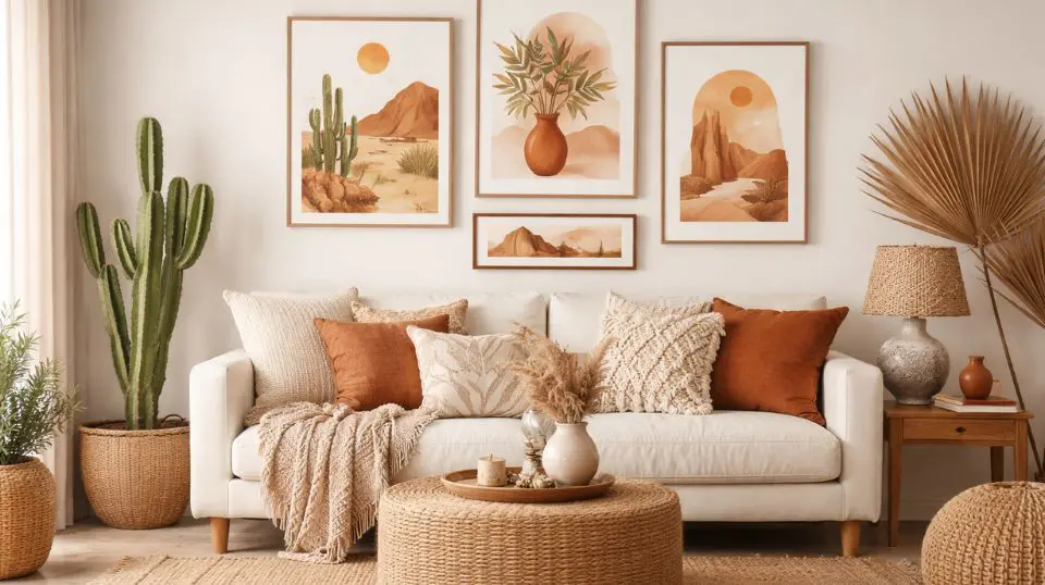 Boho living room decorated with desert and botanical wall art printable designs in earth tones