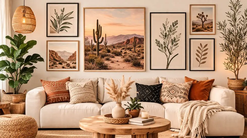 Boho living room featuring desert landscape wall art and botanical prints in mixed natural and black frames