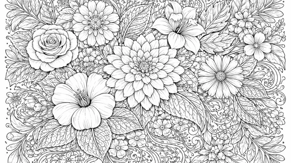 Botanical coloring page with detailed flowers, leaves, and floral patterns, ideal for relaxing adult coloring
