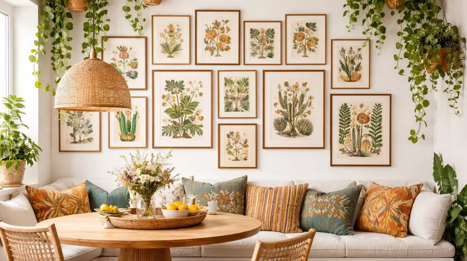 Boho salon gallery wall with botanical gallery wall set prints in mixed frame sizes in bright dining room with natural textures