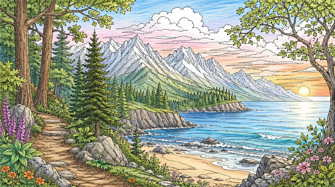 Calming nature and landscape coloring pages — forests, mountains, and ocean scenes for stress relief