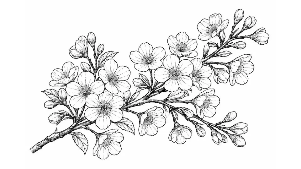 cherry blossom coloring pages for adults with fine botanical detail