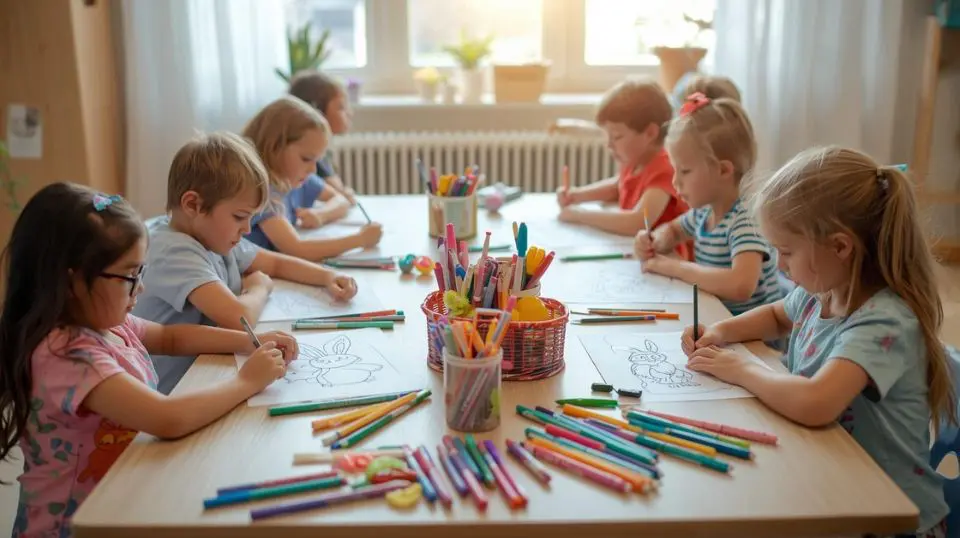 Easter activity sheets laid out on a classroom table with children coloring spring designs.
