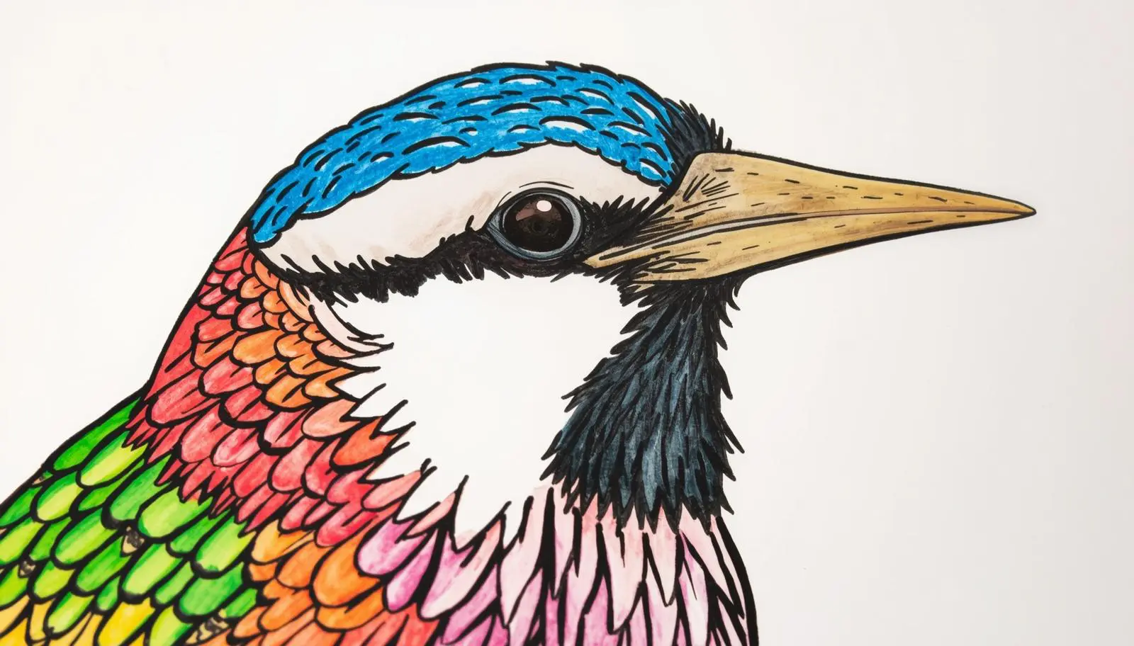 Completed detailed bird art for stress relief showing a peacock with vibrant colored pencil shading