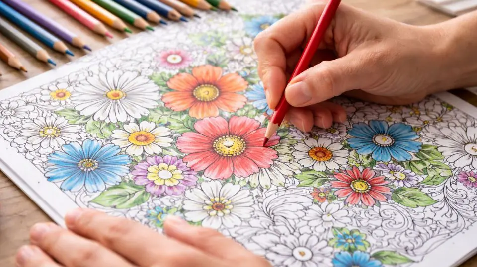 Close-up of hands coloring a floral pattern with colored pencils — repetitive motion activates the relaxation response for mindfulness wellness
