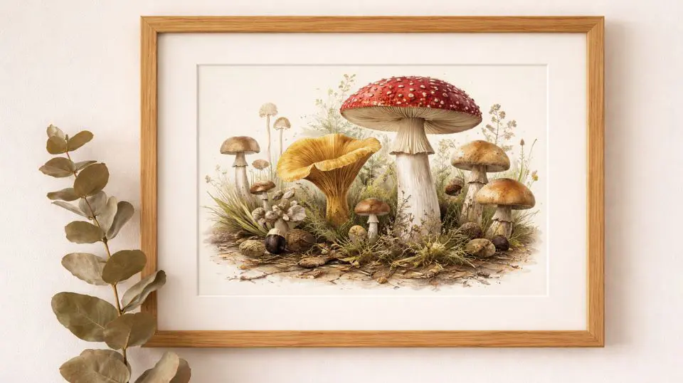 Frame-ready mushroom wall art digital print in natural oak frame styled with dried botanicals on warm neutral wall