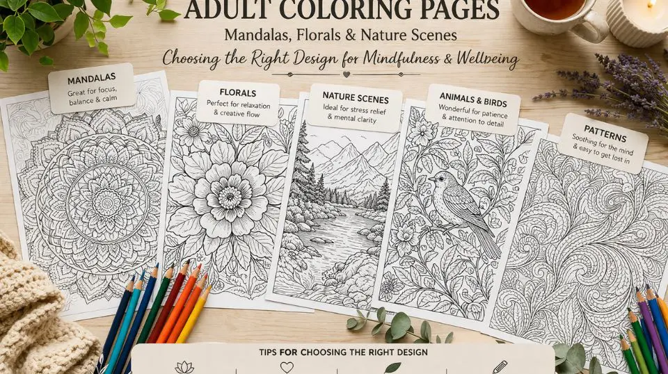 Collection of adult coloring pages including mandalas, florals, and nature scenes — choosing the right design for mindfulness and wellbeing