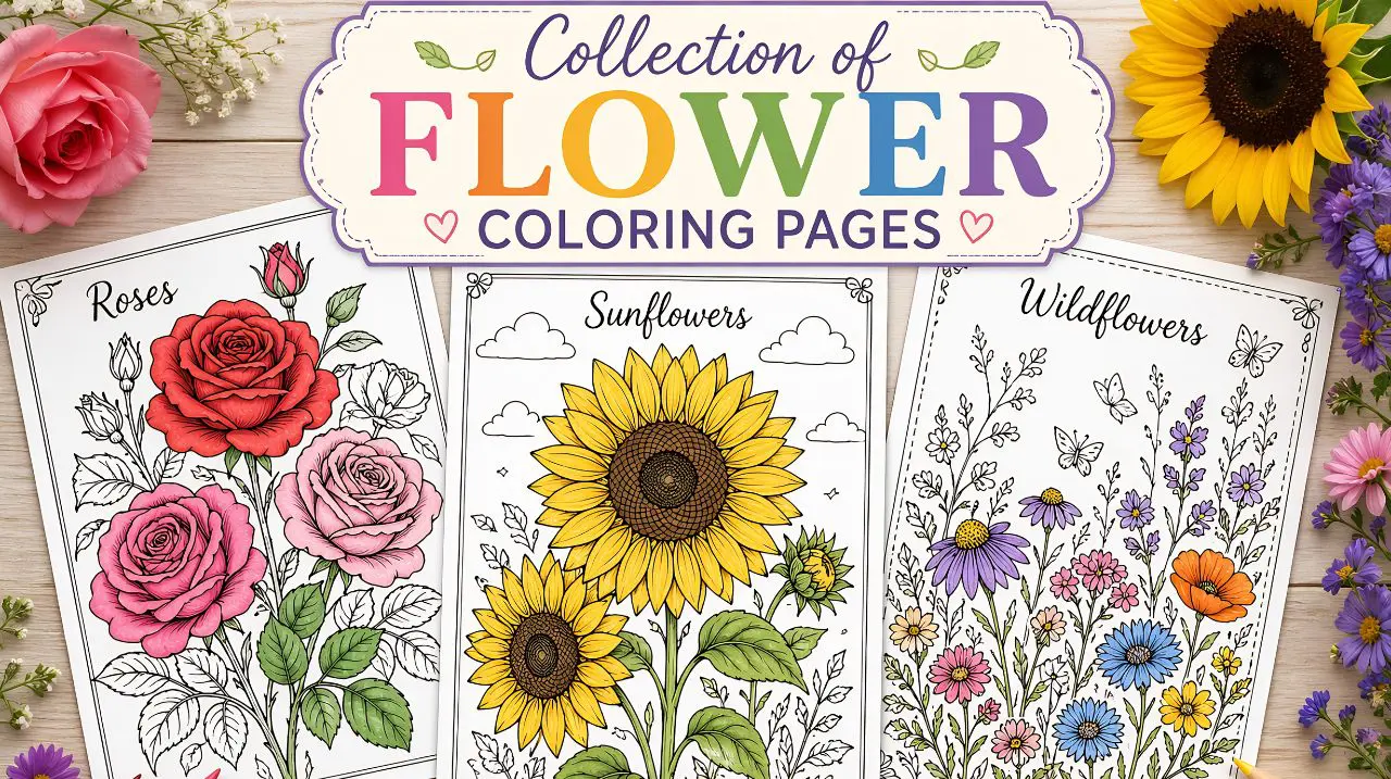 Collection of free flower coloring pages featuring roses, sunflowers, and wildflowers ready to print