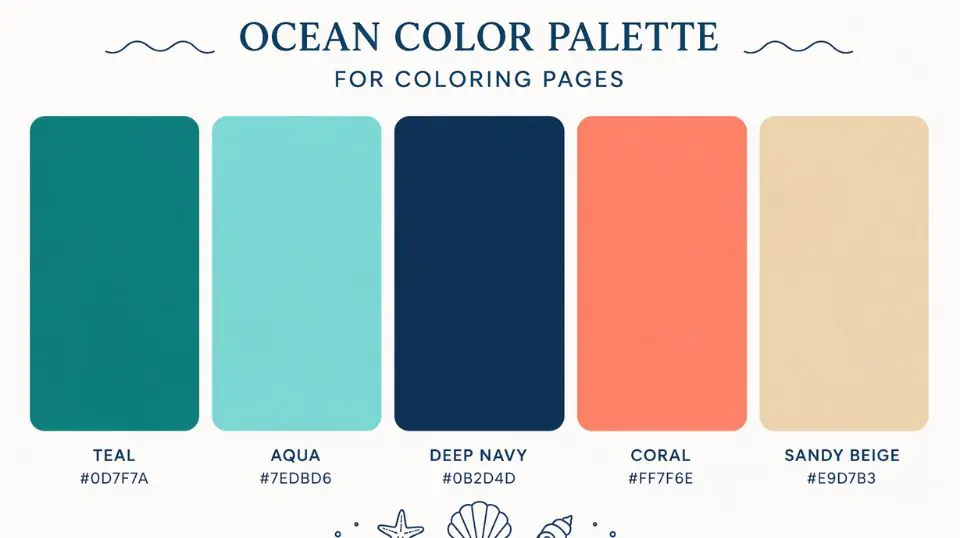 Color palette swatches for ocean coloring pages including teal, aqua, deep navy, coral and sandy beige