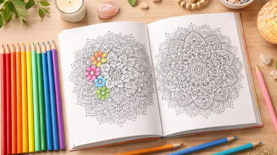 Colored pencils arranged beside an open coloring book — mindfulness wellness tools for stress relief and emotional wellbeing