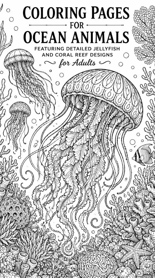 Coloring pages for ocean animals featuring detailed jellyfish and coral reef designs for adults