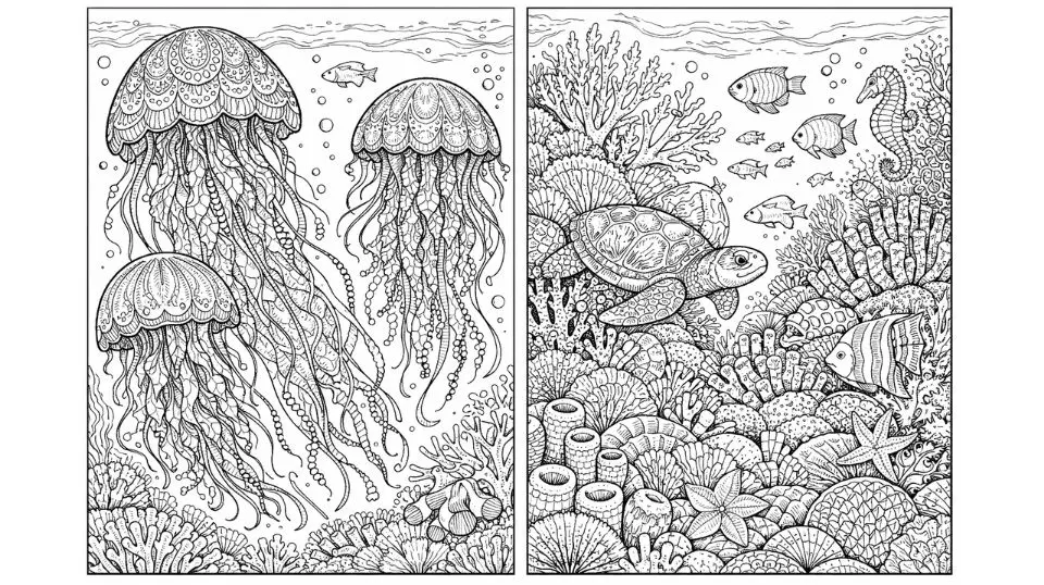 Coloring pages for ocean animals featuring detailed jellyfish and coral reef designs for adults