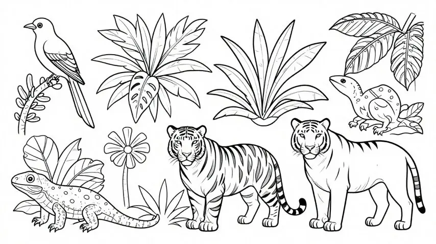 coloring pages of wild animals - Coloring pages wildlife collection showing tropical birds, big cats and rainforest reptiles in intricate line art