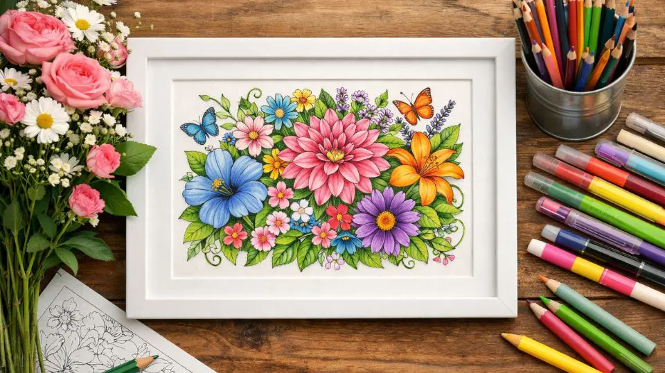Completed flower coloring pages for adults displayed as framed wall art beside fresh flowers showing final coloring result
