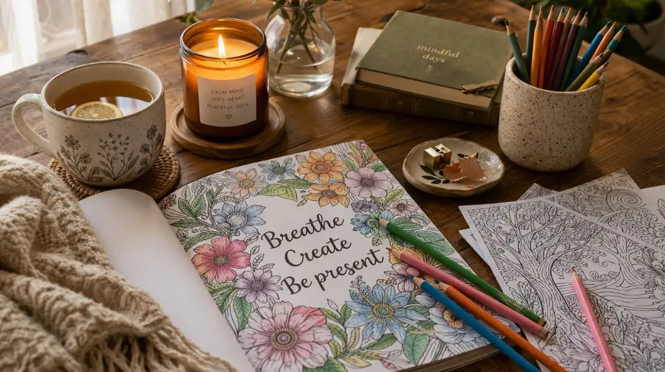 Cozy coloring setup with tea, candle, and coloring pages on a wooden table — daily mindfulness wellness ritual for stress relief and calm