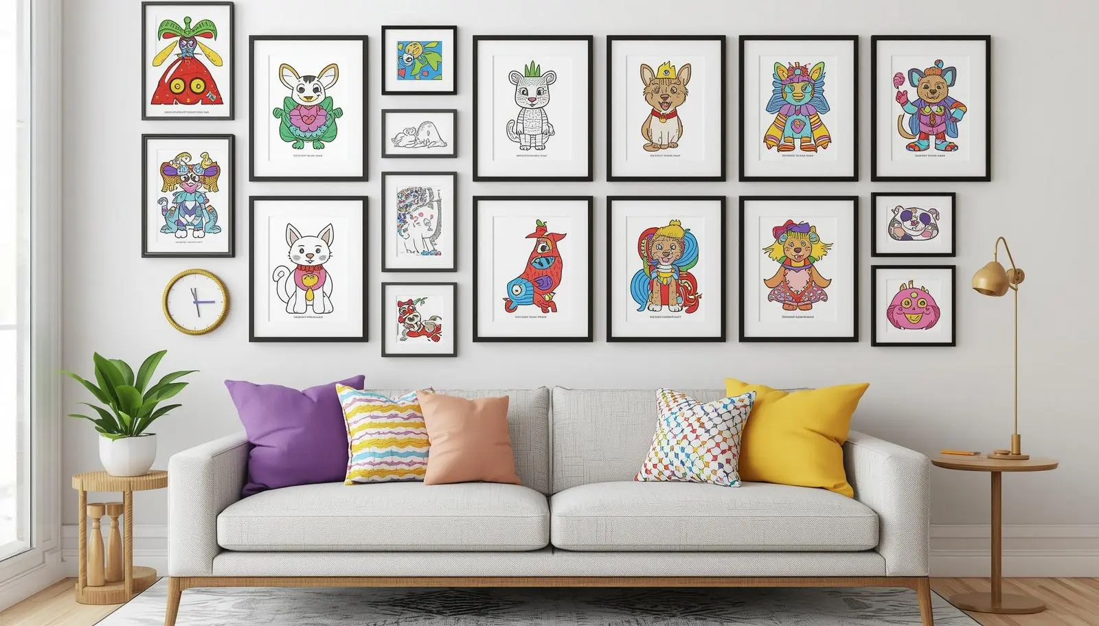 DIY home decor ideas using framed coloring pages as gallery wall art