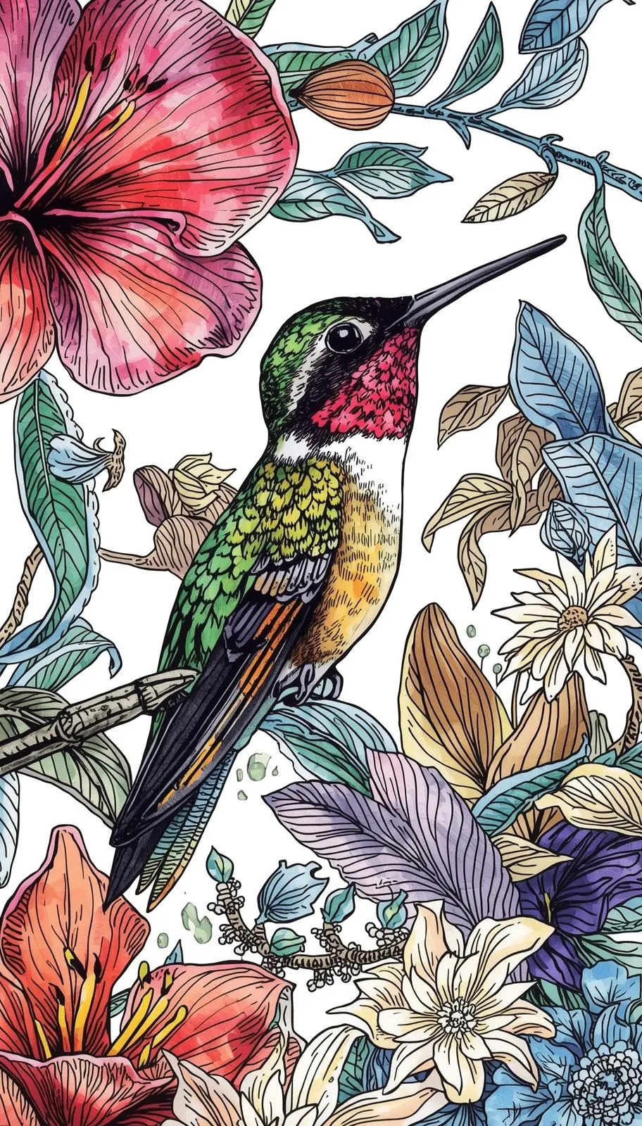Detailed bird coloring pages for adults featuring a hummingbird among tropical flowers