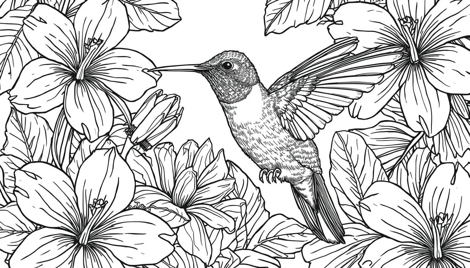 Birds Coloring Pages for Adults - Detailed bird coloring pages for adults featuring a hummingbird among tropical flowers