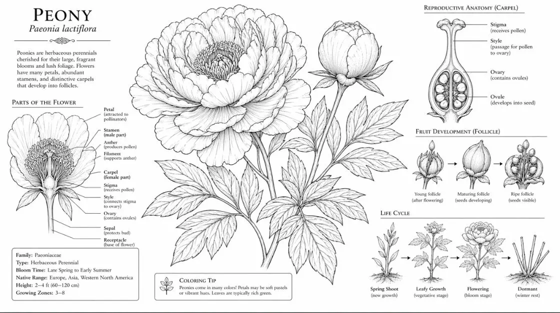 Detailed botanical coloring sheets featuring realistic flower anatomy for adult colorists