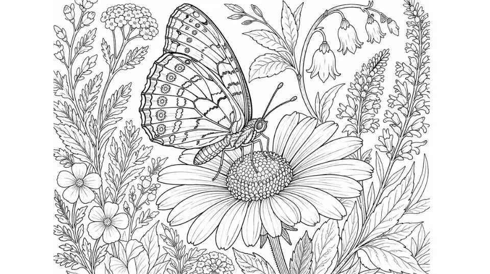 Butterfly coloring pages for adults featuring intricate butterfly and flower botanical illustrations