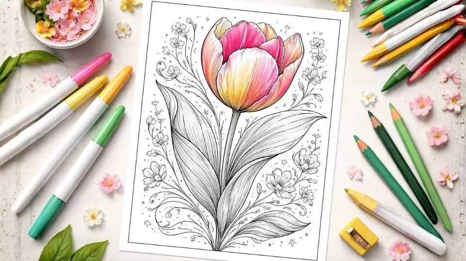 tulip coloring pages with botanical detail for adults